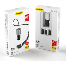 Dudao 3in1 USB auto lādētājs + iebūvēts Lightning USB-C micro USB kabelis, melns