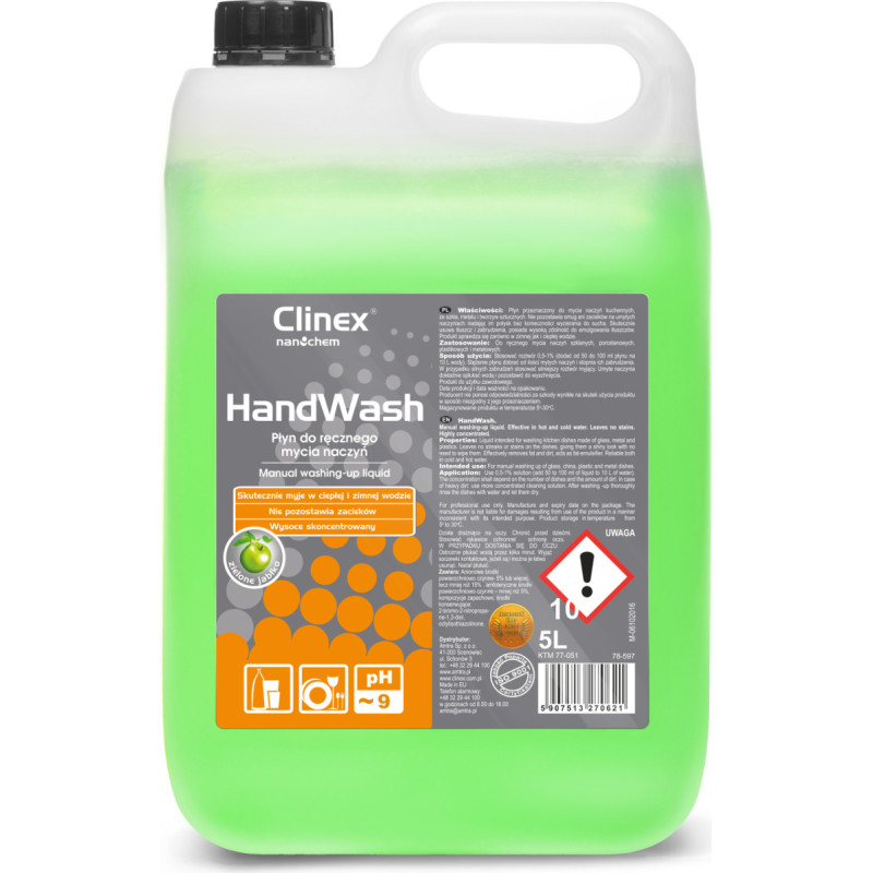 Clinex HandWash 5L šķidrais koncentrāts trauku mazgāšanai ar rokām bez svītrām un traipiem