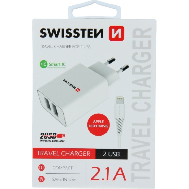 Swissten Smart IC Tīkla Lādētājs 2x USB 2.1A Ar Lightning (MD818) vadu 1.2 m Balts