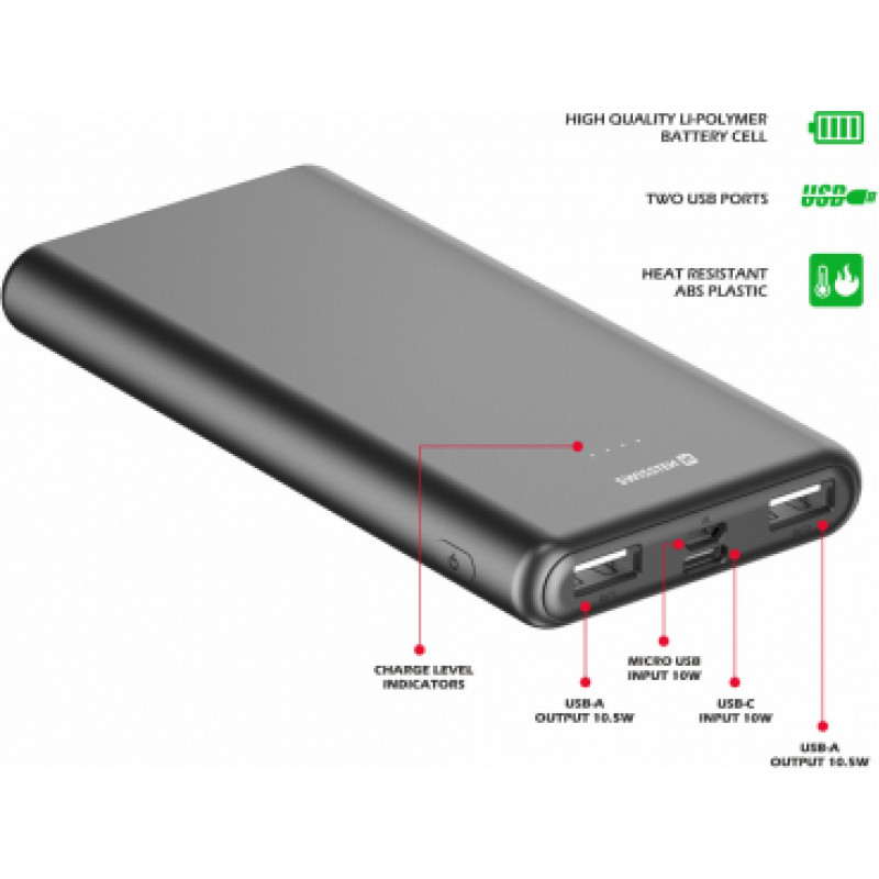 Swissten WORX II Power Bank Universāla Ārējas Uzlādes Baterija 2x USB-A | USB-C | Micro USB | 10000 mAh