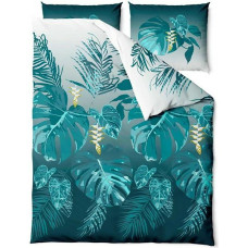Satīna gultasveļa 140x200 Meža tirkīza tumšas lapas ar vienu spilvendrānu 70x80 Satin Home 1