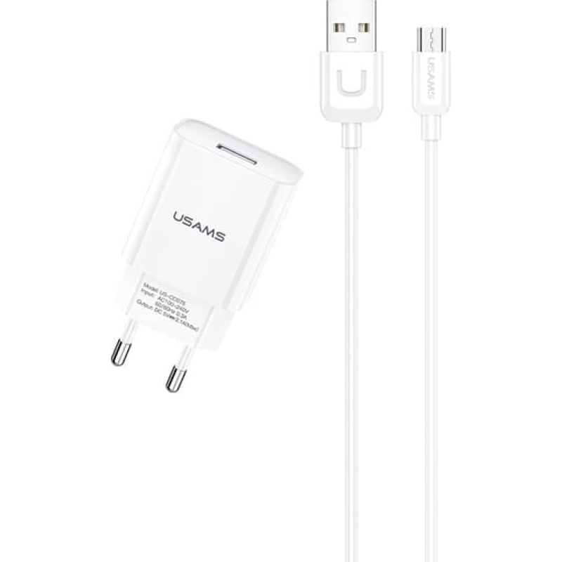 USAMS Ład. siec. 1xUSB T21 micro USB biały|white 2,1A Fast Charging T21OCMC01