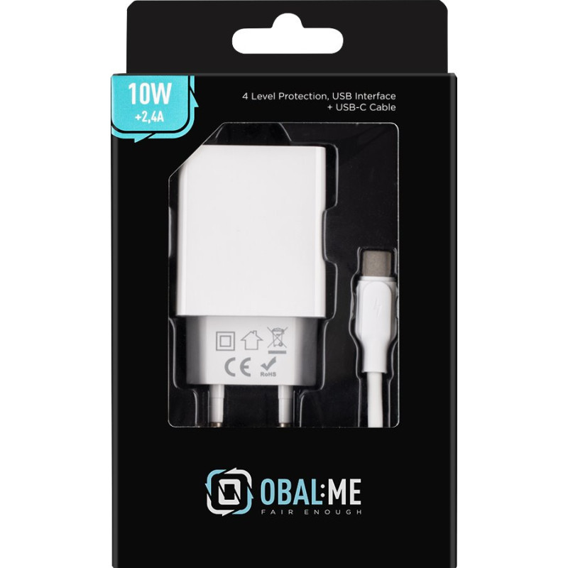 Obal:me Sienas lādētājs USB-A 10W + USB-A|USB-C kabelis 1m balts