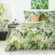 Satīna gultas veļa 220x200 Monstera palmu lapas baltas zaļas zilas eksotisku augu kastes Monstera Nova drukas dāvana