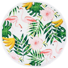 Dvieļu apaļa pludmales sega Boho 11 Flamingo lapas 150 cm mikrošķiedra 250g/m2 palmas ziedi banāni
