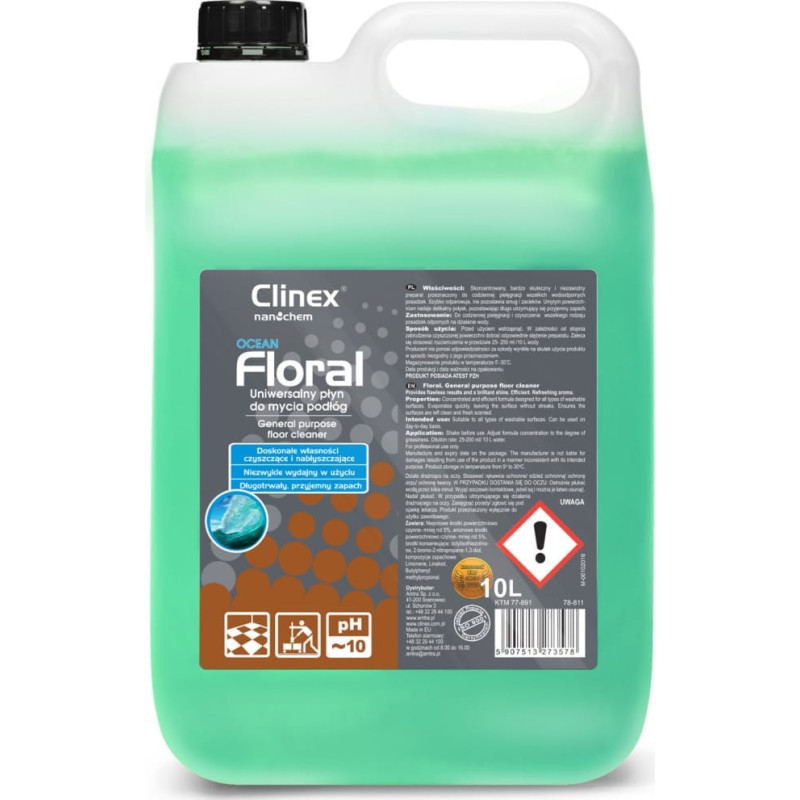 Clinex Grīdas tīrīšanas šķidrums bez svītrām, spīdums, Ziedu smarža - Ocean 10L