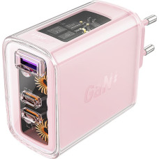 Acefast GaN 65W tīkla lādētājs 3 porti 1x USB 2x USB-C rozā