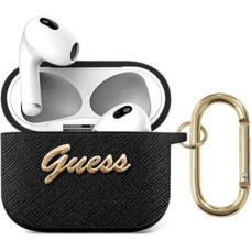 GUA3SASMK Guess Saffiano PC|PU Metal Logo silikona aizsargapvalks austiņām Apple Airpods 3 melns