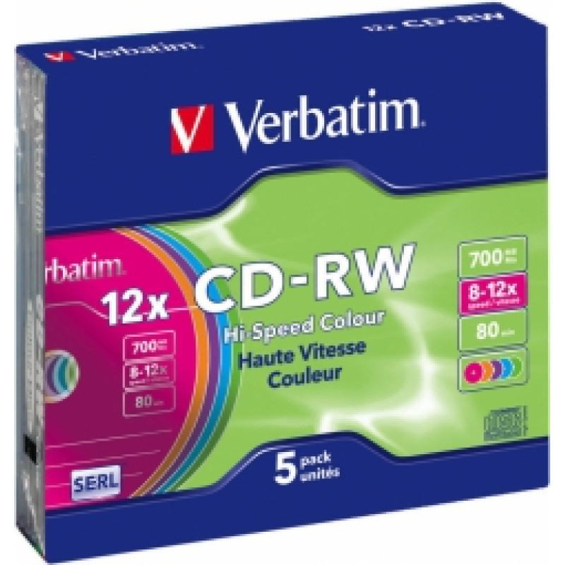 Matricas CD-RW SERL Verbatim 700 MB 8x-12X Colour, 5 Pack Slim