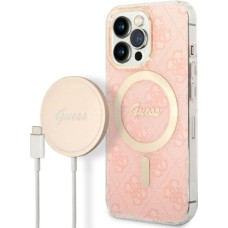 Zestaw Guess GUBPP13LH4EACSP Case+ Charger iPhone 13 Pro różowy|pink hard case 4G Print MagSafe