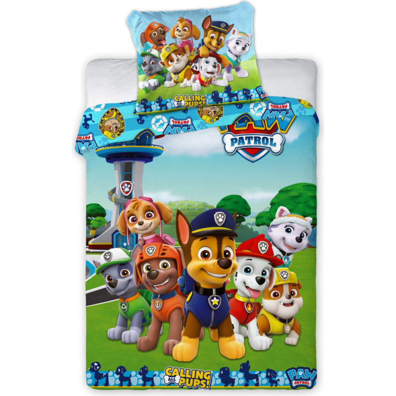 Kokvilnas gultas veļa 100x135 Paw Patrol Paw 4719 Marshall Zuma Chase Team zaļa zila spilvendrāna 40x60 bērniem gultā
