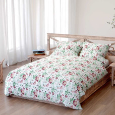 Kokvilnas gultasveļa 180x200 Peonija gaiši balta bordo zaļa peoniju ziedi Cotton 3