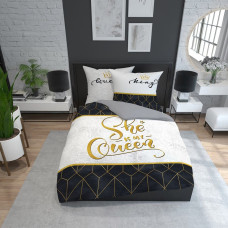 Kokvilnas gultas veļa 220x200 She is my Queen white black geometry glamour 3747 A Holland Home 71