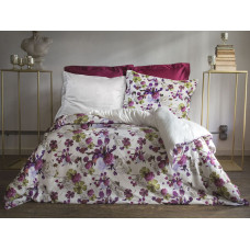 Satīna gultasveļa 220x200 Viburnum ziedi violets krēms Luxury Premium