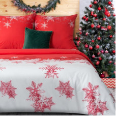Ziemassvētku gultasveļa 220x200 Santa 4 baltas sarkanas kokvilnas sniegpārslas