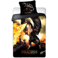 Kokvilnas gultas veļa 140x200 Dragons 027 Fiery Dragon melna oranža spilvendrāna 70x90