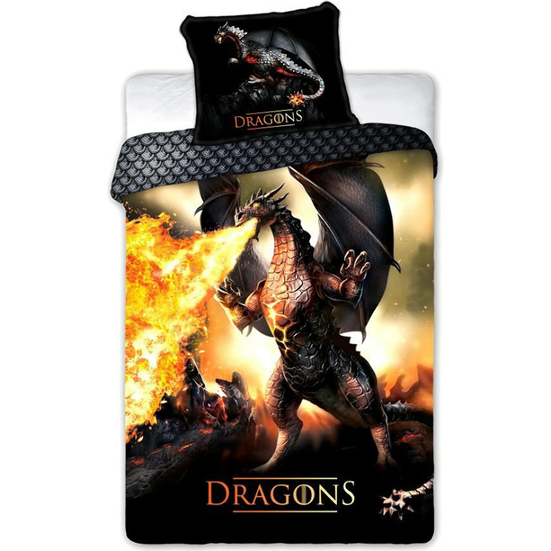 Kokvilnas gultas veļa 140x200 Dragons 027 Fiery Dragon melna oranža spilvendrāna 70x90