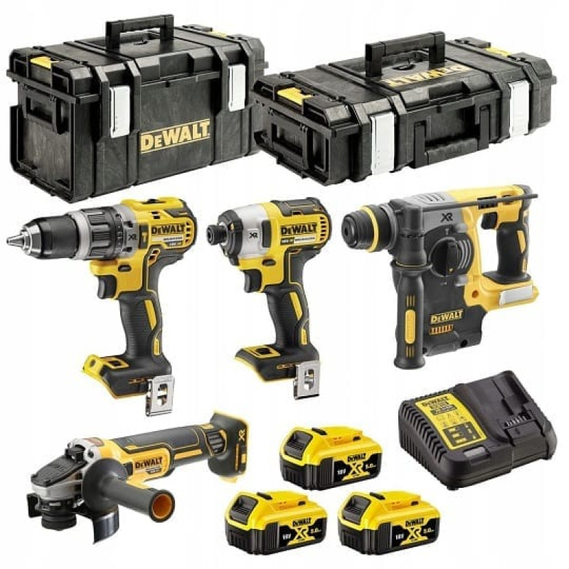 Dewalt-Maszyny Combo Set DCG405 + DCH273 + DCD796 + DCF887 DeWalt [DCK422P3-QW] 18V Li-Ion XR, 3x5.0Ah, 2 Tough System futrāļi