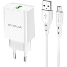 Borofone BN5 tālruņa lādētājs | USB | Quck Charge 3.0 | 18W | + Micro USB kabelis, balts