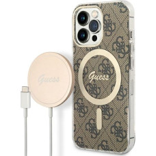 Zestaw Guess GUBPP13LH4EACSW Case+ Charger iPhone 13 Pro brązowy|brown hard case 4G Print MagSafe