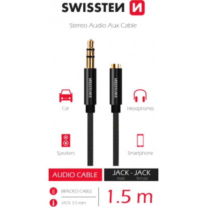 Swissten Textile Audio Kabelis 3 5 mm (male)  | 3 5 mm (female) | 1.5m