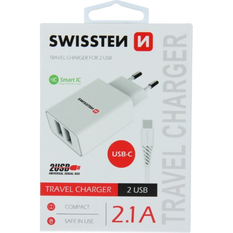 Swissten Smart IC Tīkla Lādētājs 2x USB 2.1A ar USB-C vadu 1.2 m Balts