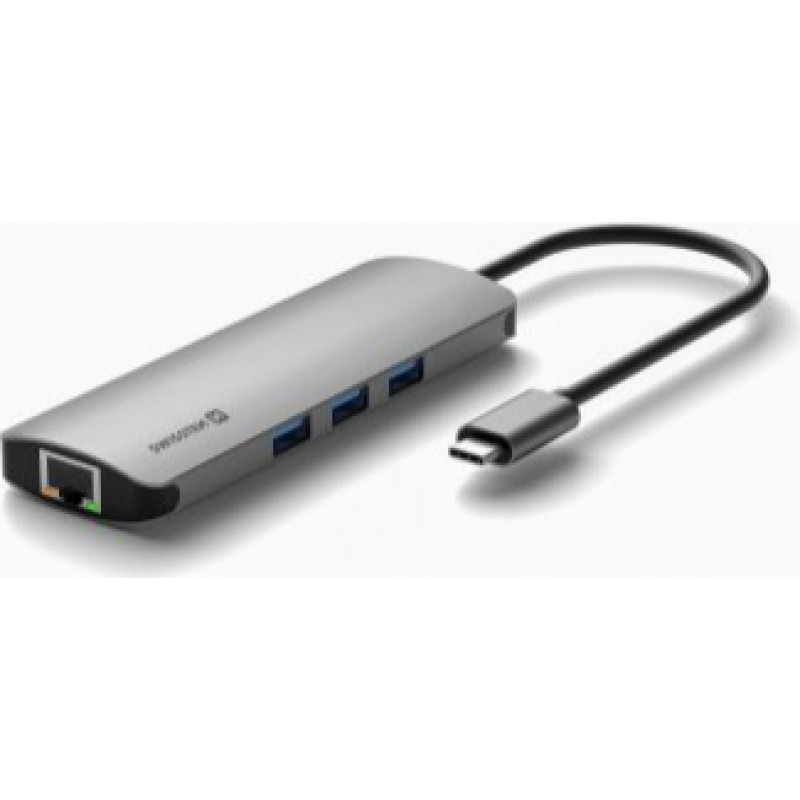 Swissten USB-C Sadalītājs 8in1 ar 3X USB 3.0 | 1X USB-C Power Delivery | 1X microSD | 1X SD | 1x HDMI 4K | 1x LAN RJ45 | Alumīnija korpuss