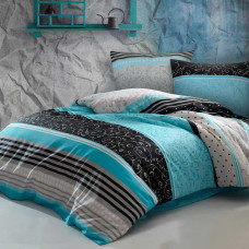 Kokvilnas gultas veļa 200x220 Sara tirkīza melnas svītras Cottonlove Exclusive 5