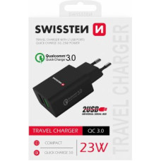 Swissten Premium Tīkla Lādētājs 2x USB | QC3.0 23W Melns