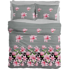 Flaneļa gultasveļa 160x200 F-84A Lilijas svītras pelēki rozā ziedi