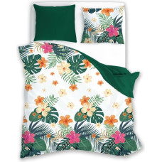 Kokvilnas gultasveļa 160x200 zaļas monsteras lapas krāsaini ziedi Summer Dream 001