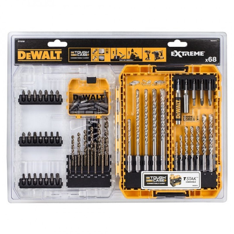 Dewalt-Akcesoria komplektā ir 68 metāla un betona urbju uzgaļi, SDS+ triecienurbji un PH, PZ, TX, EXTREME DEWALT uzgaļi [DT70760-QZ] Vidēji izturīgs korpuss+