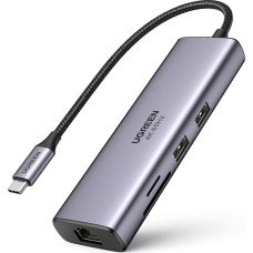 Ugreen 7in1 daudzfunkcionāls USB-C centrmezgls — 2x USB HDMI 4K SD un TF karšu lasītājs USB-C RJ45 1 Gb/s pelēks