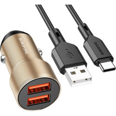 Borofone Car charger BZ19 Wisdom - 2xUSB - 12W with USB to Type C cable gold