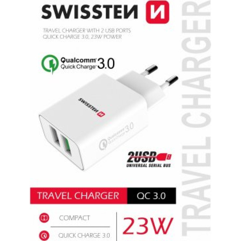 Swissten Premium Tīkla Lādētājs 2x USB | QC3.0 23W Balts