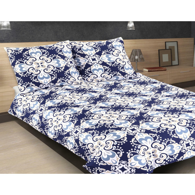 Satīna gultasveļa 220x200 tumši zili balti ornamenti 10A Premium