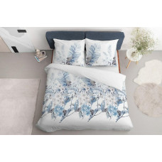 Satīna gultas veļa 140x200 3986 Baltas zilas lapas ar vienu spilvendrānu Home Satin 78