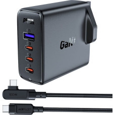 Acefast 2in1 GaN kabelis un ātrais lādētājs, angļu UK spraudnis, 100W PD 3x USB-C USB melns