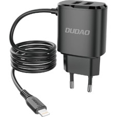 Dudao 2x USB sienas lādētājs ar iebūvētu kabeli priekš iPhone Lightning 12W, melns