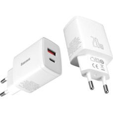 PS Baseus kompakts ātrais lādētājs USB + USB-C QC 3.0 PD 3.0, 20 W, balts.