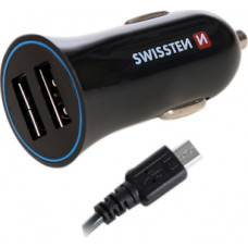 Swissten Premium Auto Lādētājs 12 | 24V | 1A + 2.1A un Micro USB vads 150 cm Melns