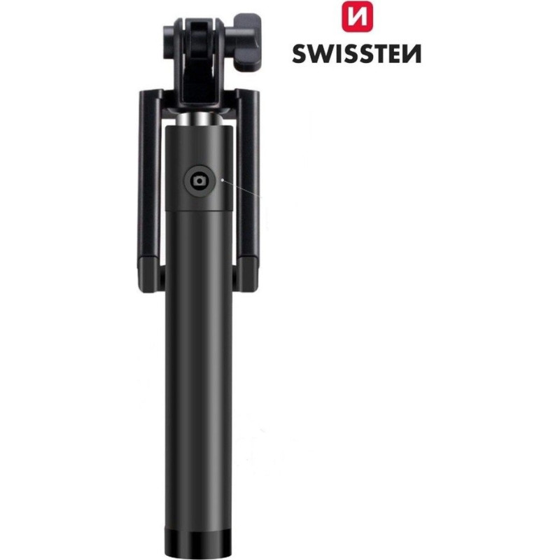 Swissten Wired Selfie Stick 81cm ar iebūvētu pogu statīvā Melns