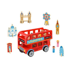 Koka rotaļlietu Londonas autobuss ar pasažieriem