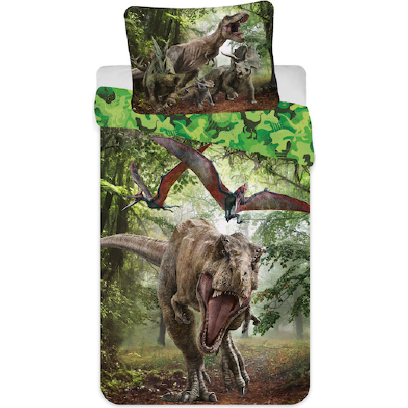 Bērnu gultas veļa 140x200 Jurassic Park dinozauri Jurassic World Green 7332 spilvendrāna 70x90