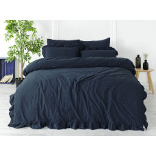 Kokvilnas gultas veļa 200x220 tumši zila ar volānu kastītē vienkārša Stonewashed Dress Blue