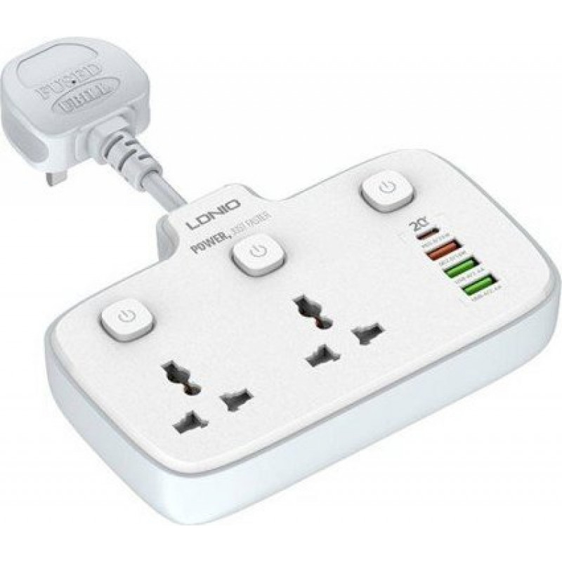 Power strip with 2 AC sockets, 3x USB, 1x USB-C LDNIO SC2413, EU|US, 2500W (white)