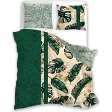 Kokvilnas gultasveļa 220x200 bēša zaļa monstera lapas Summer dream 013
