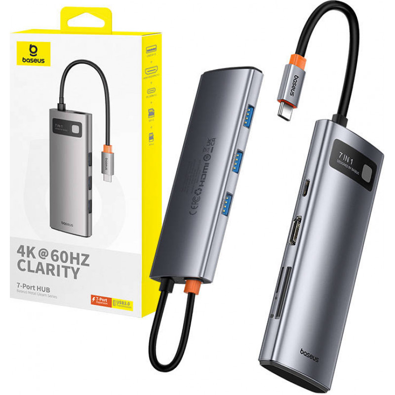 Hub 7in1 Baseus Gleam, USB-C  to 1x HDMI4K 60Hz + 3x USB3.0 + 1x PD + 1x SD|TF (grey)