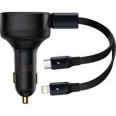 Baseus 2in1 USB-C + iPhone Lightning automašīnas lādētājs, izvelkams kabelis, 75cm, 30W - melns