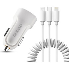 Dudao car kit 2x USB 2.4A charger + 3in1 Lightning | Type C | micro USB cable white (R7 white)